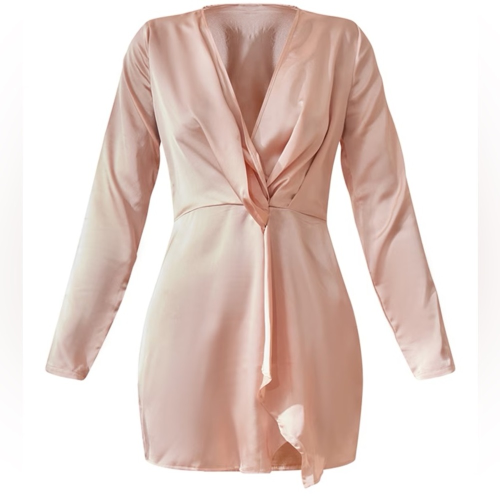 Nude Satin Long Sleeve Wrap Dress